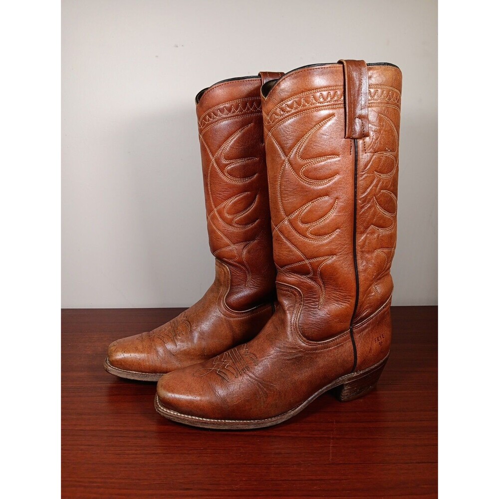 Vintage Frye Cowboy Western Boots 10.5 D Brown Leather Stitching Block Heel USA